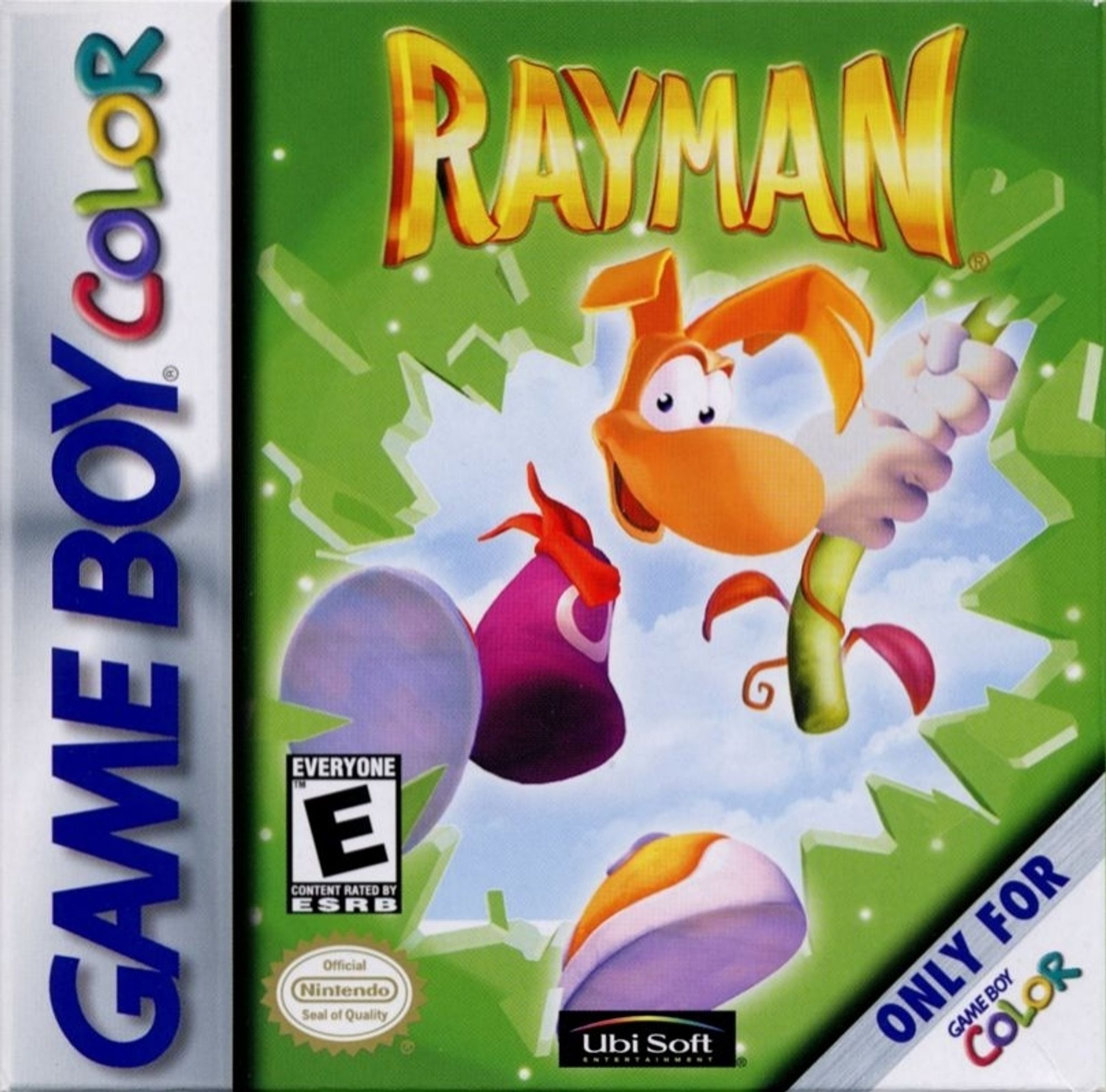 The US version of Rayman 1 GBC shows Rayman swinging with a green background