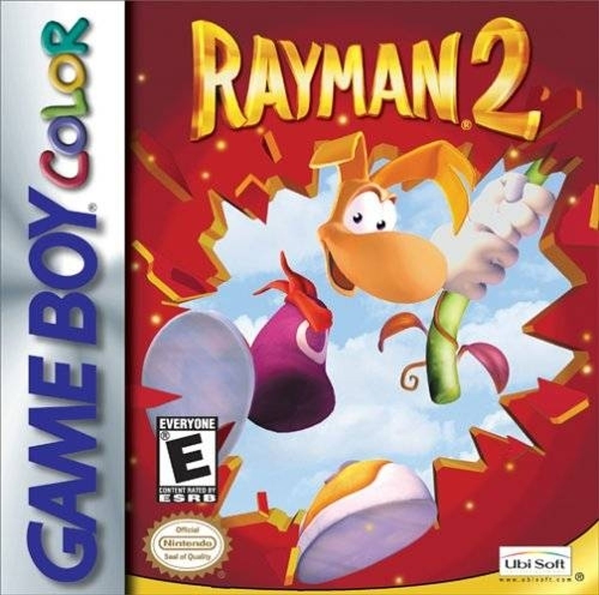 The US version of Rayman 2 GBC shows Rayman swinging with a red background