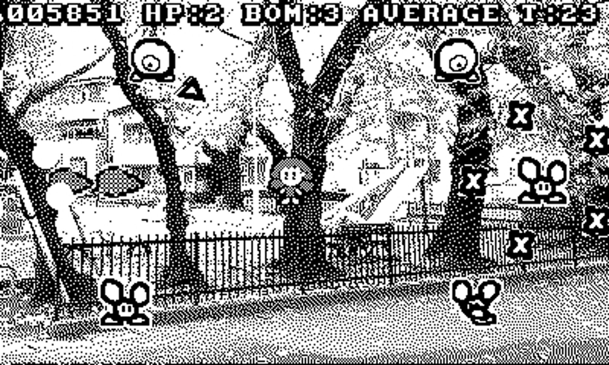 A level that looks like it takes place in a park and features mouse-like and eyeball enemies