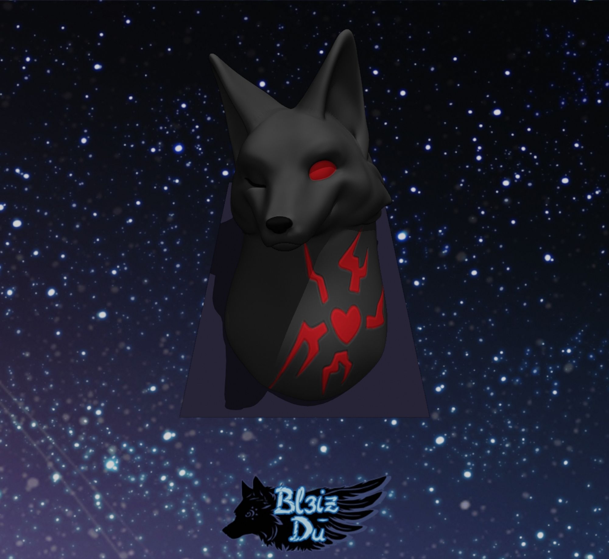 Screenshots of a 3D bust of a black fox with a red eye and red markings on the chest.