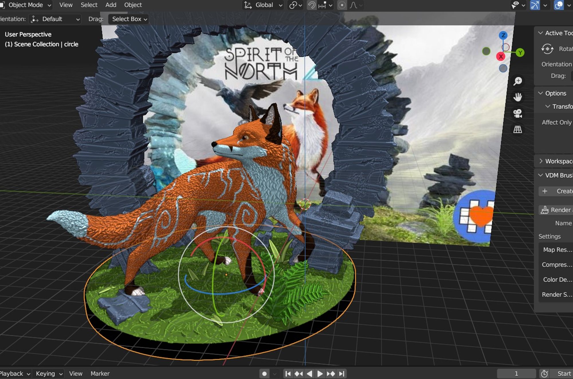 Screenshot of a Work in Progress of a 3D sculpt with a fox with light blue markings. The fox is standing on a base with grass, ferns, rocks and there is a 'moon gate' behind the fox. Behind the whole 3D sculpt is an image reference which is the poster of Spirit of the North 2.