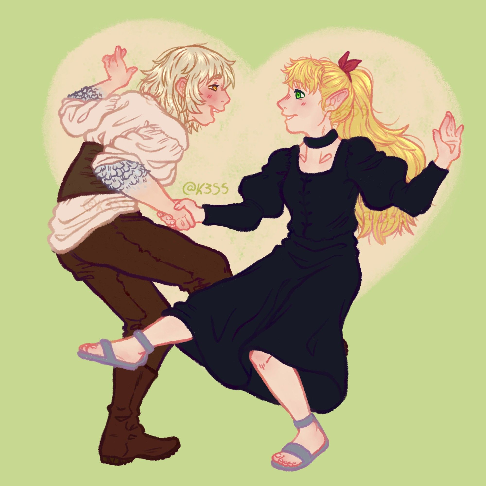 Falin e Marcille dançando juntas felizes, ambas são personagens do anime Dungeon Meshi