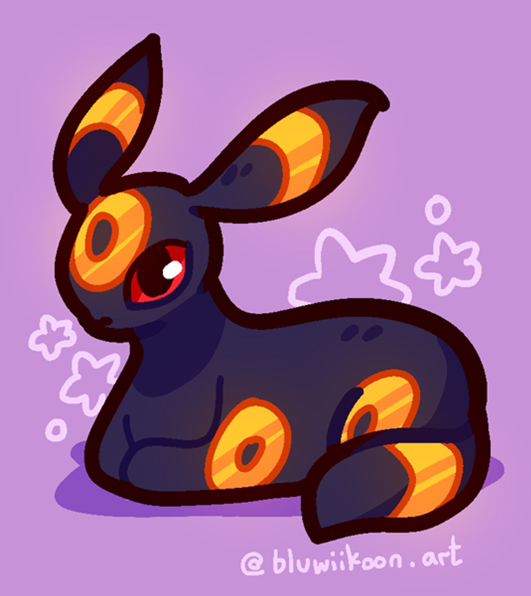 A brightly-coloured illustration of Umbreon in a cat "loaf" pose. It is sitting down with its legs tucked underneath it. The background is a plain lilac colour with a few little round star shapes for decoration.