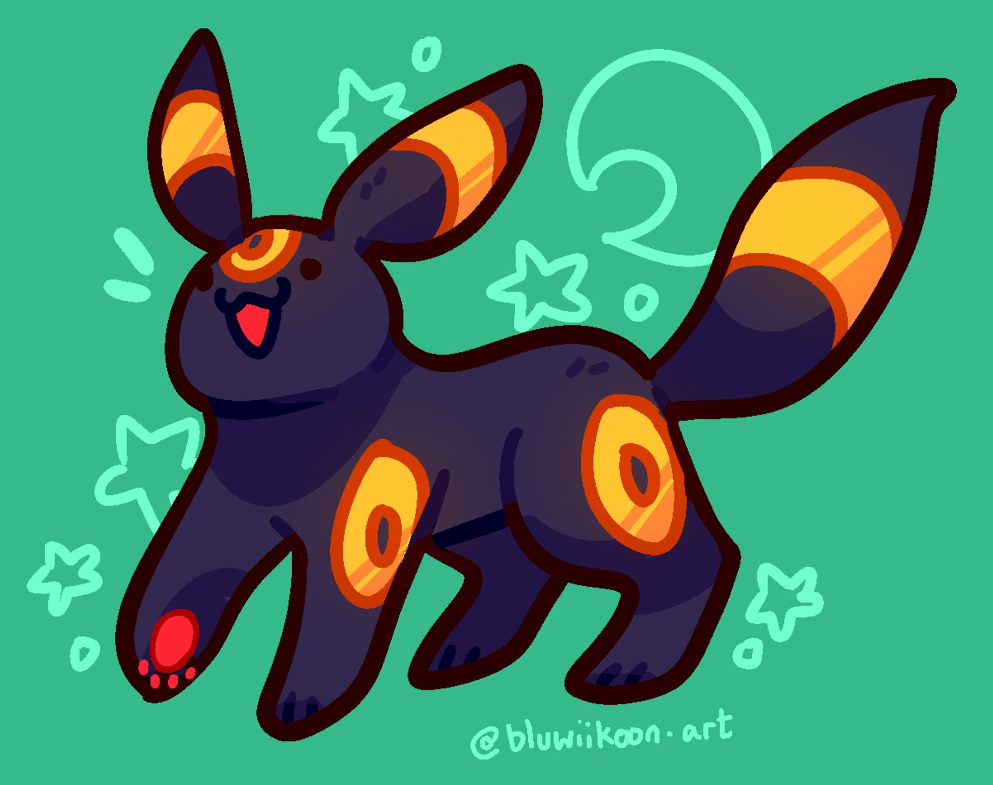 A colourful, happy-looking Umbreon with its paw slightly raised. It has chibi, dot eyes with an open, catlike mouth. Its proportions are more soft and round than usual. The background is plain teal green with simple moon and star details.