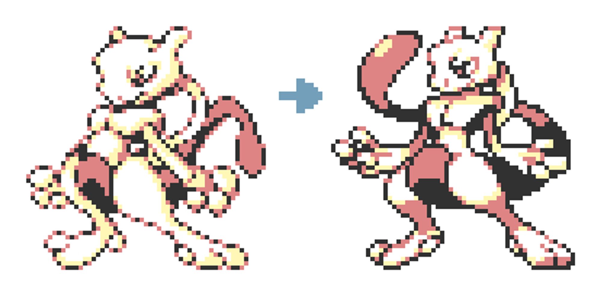 Mewtwo's sprite from Pokemon Yellow Version, with a redrawn version on the right side.