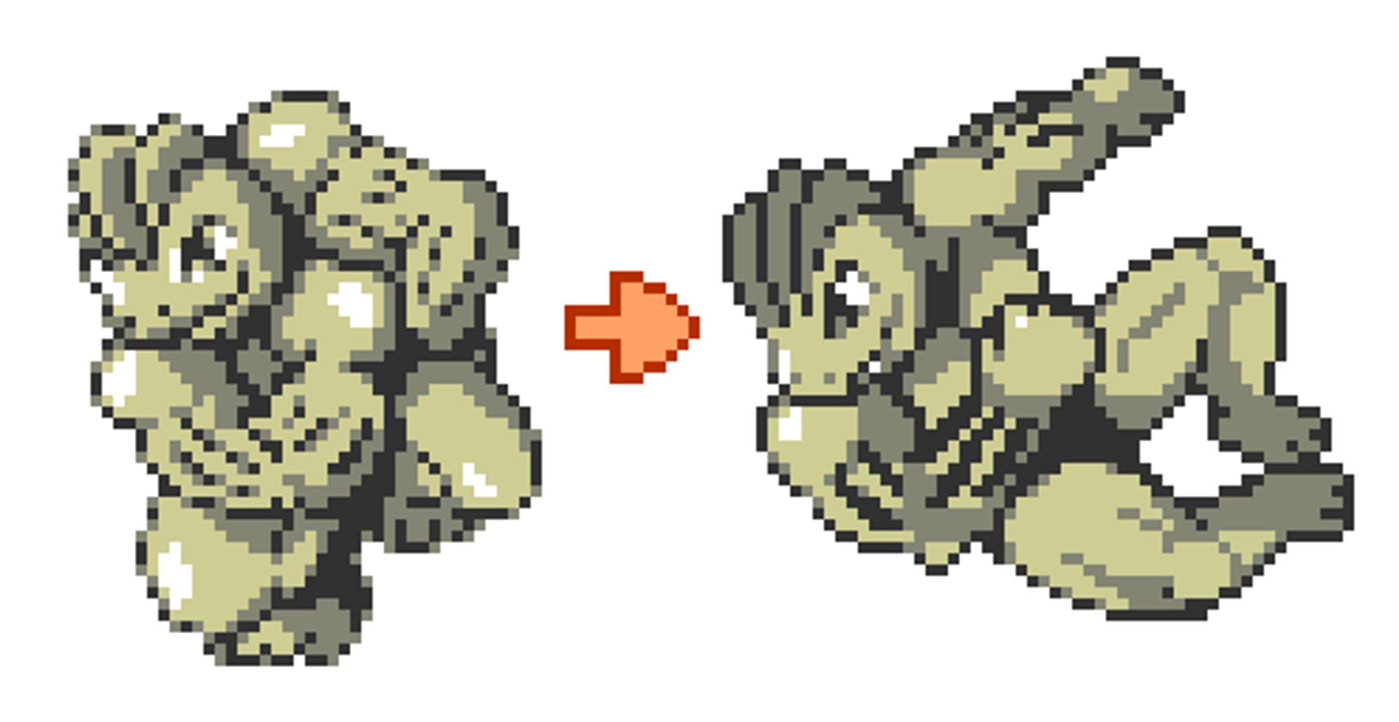 Machoke's sprite from Pokemon Yellow Version, with a redrawn version on the right. It seems to be flexing in the original sprite, and was made to do an elbow-drop attack in the redrawn version.