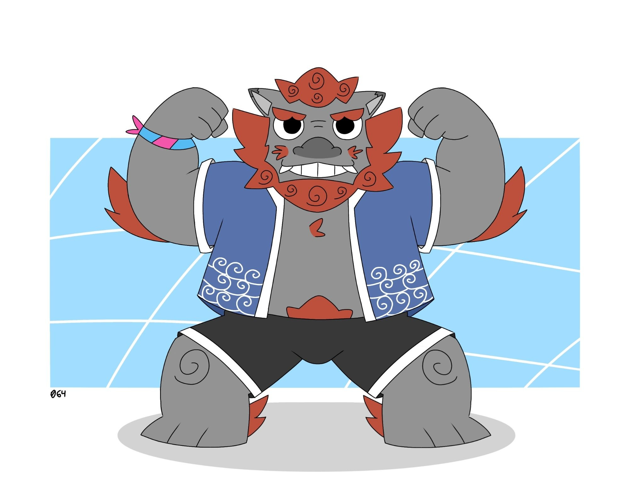 a big dumb shisa man flexing his biceps (what a dumbass)