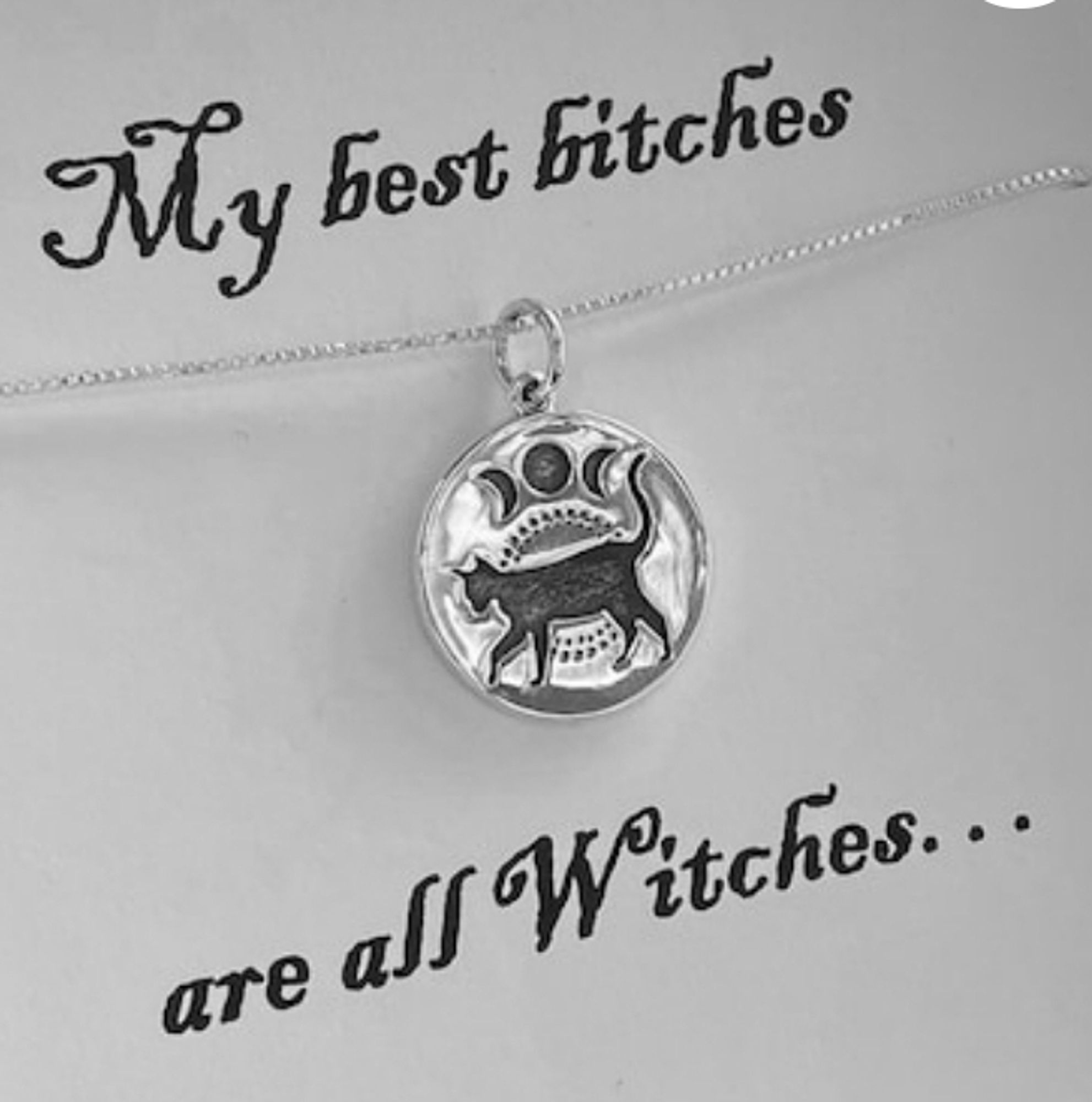 A silver necklace with a circular pendant featuring a black cat and a triple moon symbol. The text above the necklace reads, "My best bitches are all Witches..."