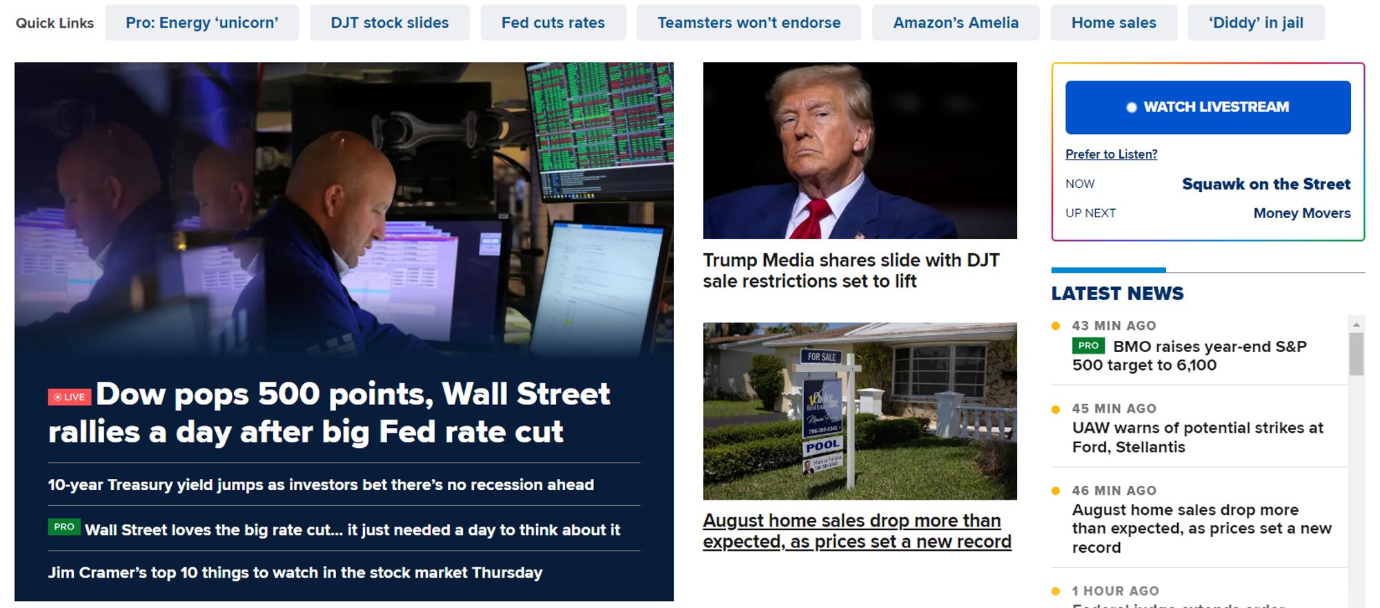 Dow pops 500 points, Wall Street rallies a day after big Fed rate cut

10-year Treasury yield jumps as investors bet there’s no recession ahead

Wall Street loves the big rate cut... it just needed a day to think about it

Jim Cramer’s top 10 things to watch in the stock market Thursday

- Picture: Solitary trader, bald white man, side view, looking in a dark room at a computer screen