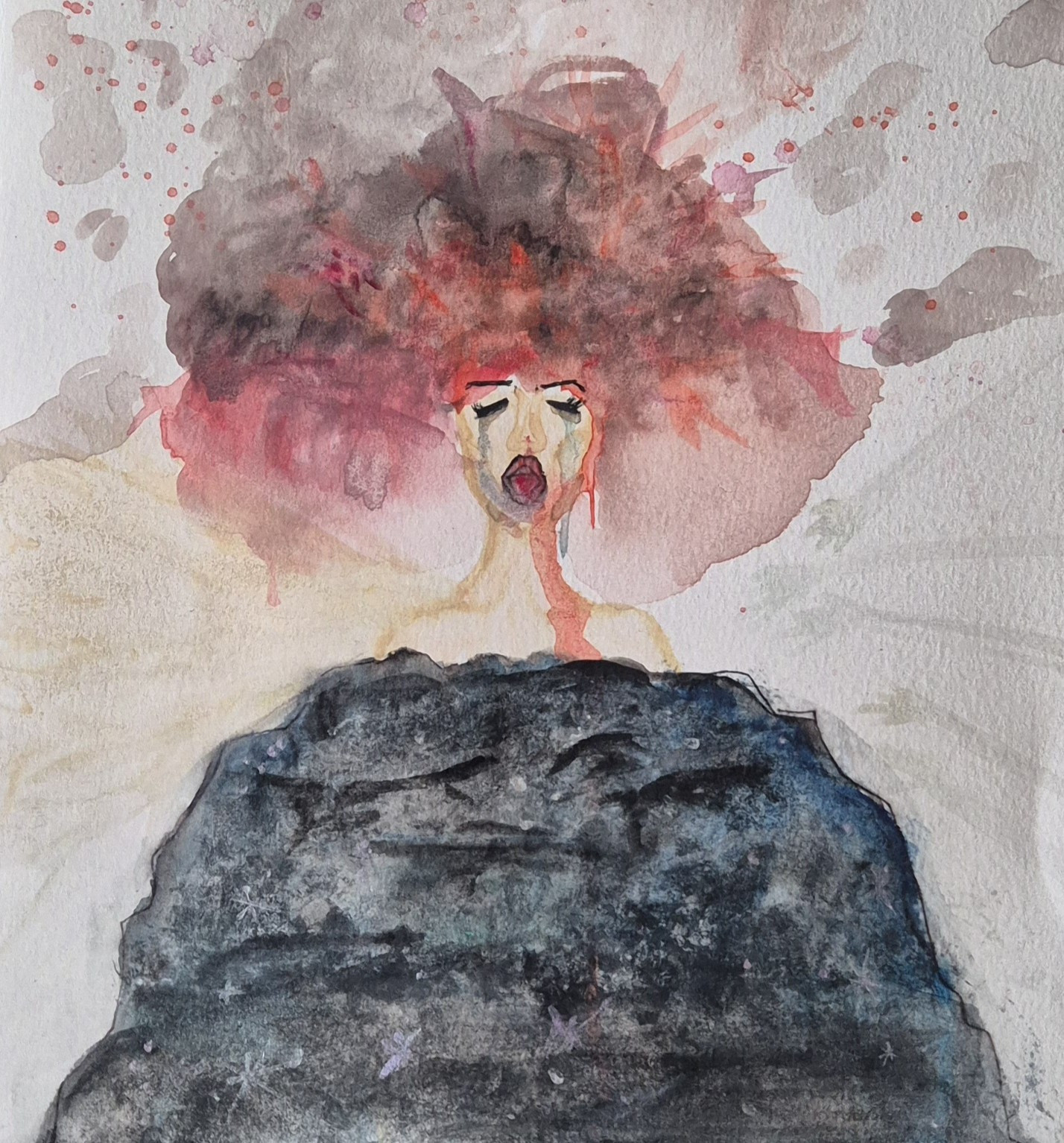 Ausschnitt eines mit Gouache-Farben gezeichneten Bildes. Es zeigt eine verzweifelte, weinende Frau, den Mund zu einem einem stummen Schrei geöffnet. Ihr Kopf explodiert in einer qualmenden Eruption, der Körper wird von den Schultern abwärts durch einen erdrückenden Stein gefangen gehalten. Der Stein besteht dabei aus dem Universum. Von rechts greifen schemenhafte Hände nach der Frau, links löst sie sich auf.