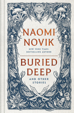 Cover is white. Title is surrounded by a floral motif in gray with a dragon's head at the top with mushrooms on either side. On either side of the cover are two swords wrapped in vines and at the bottom are crossed winged scimitars. Author name is centered above the title in an all cap font. Both title and author name are red. Other text is in gray or black.