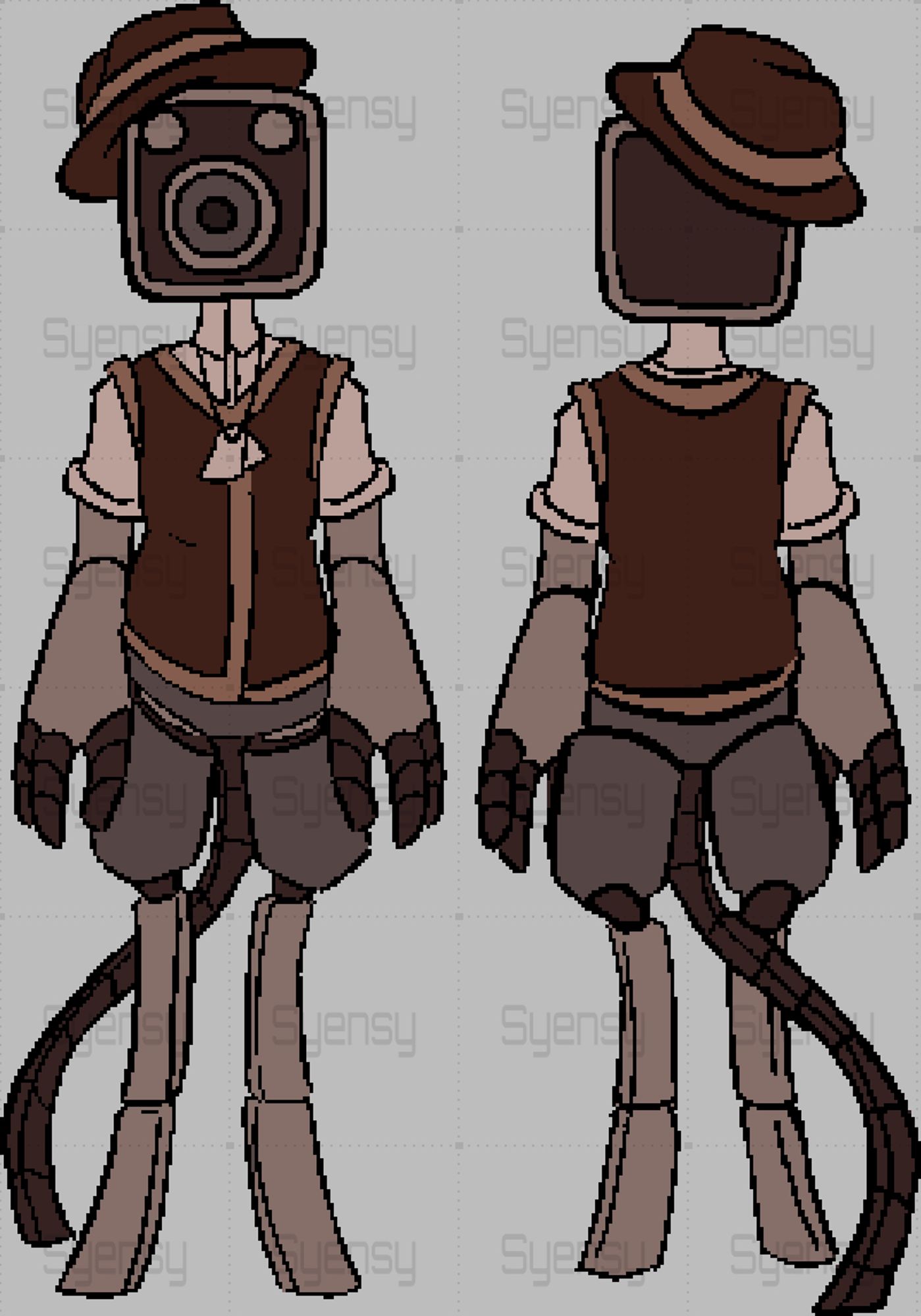 A digital drawing of the front and back of a mechanical character. They have a head resembling a box camera, arms with three darker segmented fingers, digitigrade legs and a darker segmented tail, both resembling a tripod configuration for a camera. They wear a dark brown fedora, a white short-sleeved button-up, a brown and beige sweatervest, and a lanyard with two ID tags.