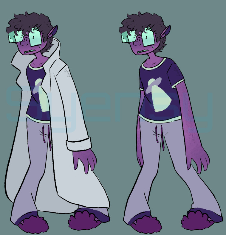 A digital drawing of a character with purple skin, long ears, curly black hair, and asymmetrical blue rectangle glasses. He wears a purple shirt with a UFO graphic design, grey sleep pants, and purple slippers. In the left drawing, he also wears a white lab coat with its collar turned up. He looks nervous.