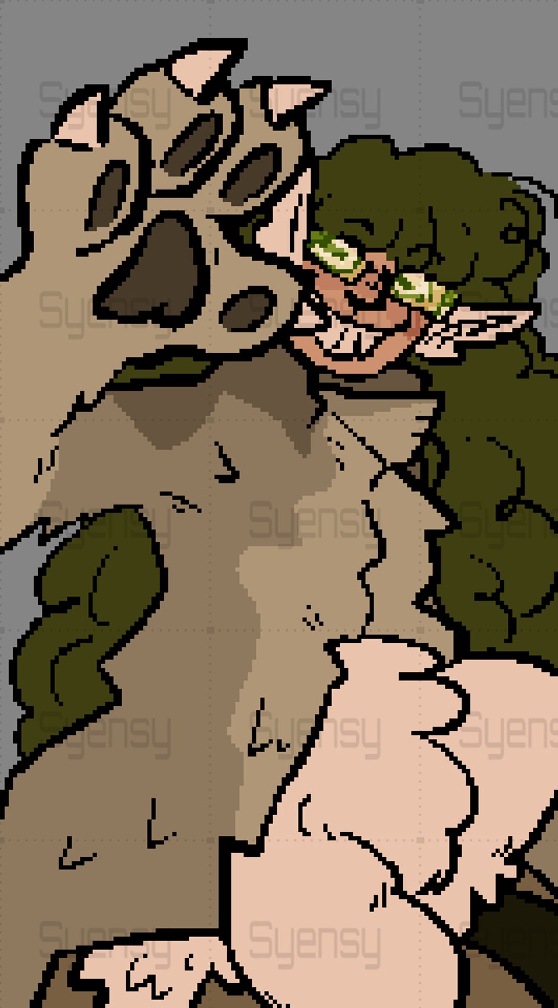 A digital drawing of a character with tan skin, horizontal pupils, sharp teeth, sheep wears, a music note mark on their cheek, and long frizzy dark green hair smirking widely. They seemingly have a sheep body and wear the coat, paws included, of a gray wolf. They raise a paw in front of their face with claws beared as they jump back.