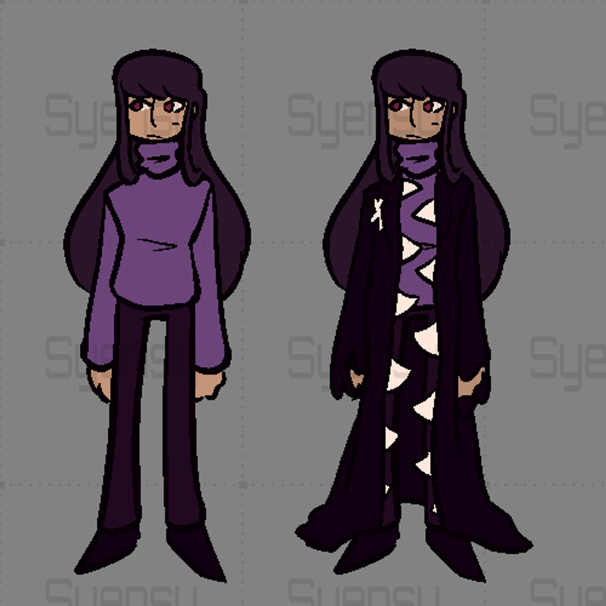 A character with somewhat tan skin, magenta eyes, a mole, and long flowing purple hair with bangs. On the left, she wears a light purple turtleneck, darker purple pants, and black shoes. On the right, she also wears a long coat lined with teeth that has a white flower brooch near the right collar. She has a neutral expression.