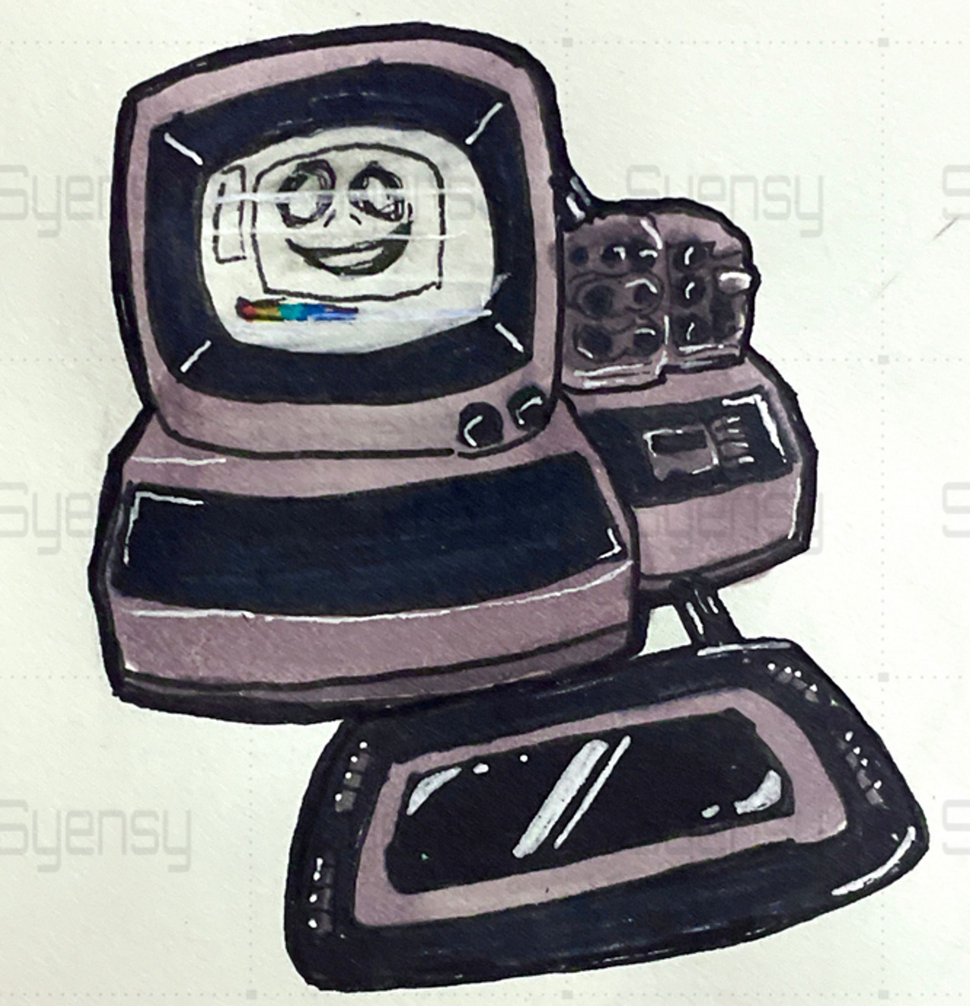 A traditional drawing of P.AI.nter, a gray 80s computer attached to some circuitry and a drawing tablet. Its screen is white with a color box below a larger box containing a scribbled face that seems to be smiling.