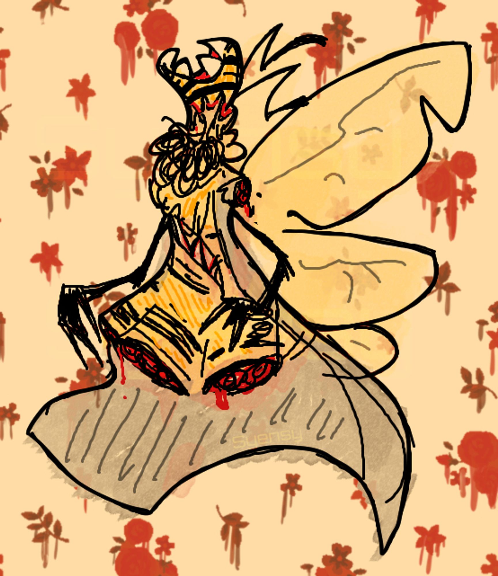 A digital sketch in MS paint of a bee-like character resembling the queen bee from lobotomy corporation. Their legs and arms are bloody stumps at the shoulders and thighs respectively, both resembling honeycomb, their neck ends in ripped flesh, a bee-patterned sharp-toothed head emerging from it, and they have long black arms ending in sharp fingers. They have crooked antennae, a puff of black fuzz around their neck, ripped bee wings, a mouth of sharp teeth down their chest, a yellow and black striped body, and they wear a sleeveless coat. The background consists of red dripping flowers.