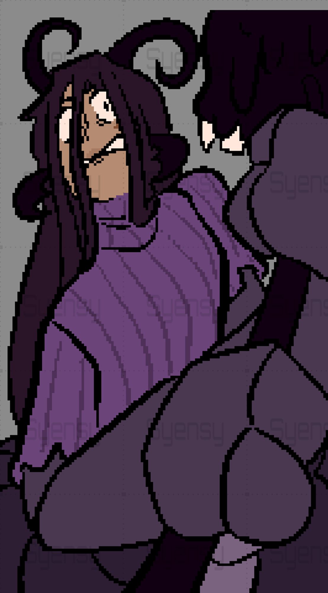 A digital drawing of a character with grey-ish tan skin and greasy dark-purple hair with black insect antenna and mandibles. They have an angry expression and wear a light purple turtleneck with torn sleeves. They weield a large black fanged hammer with large purple insectoid arms, and their body turns to a dark purple centipede's below their waist.