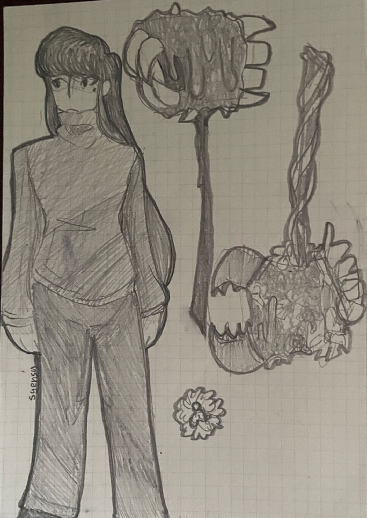 A traditional drawing of a character with a mole on their left cheek and long hair. They wear a turtleneck, pants, and shoes. They look to their right with a neutral expression. To the right are two hammers and a flower brooch. The left hammer's head is made of a dripping slime, and it has teeth of various sizes and shapes sticking out of it. The face of the hammer resembles a mouth with large teeth, while the claw is made of a row of teeth. The right hammer has dark vines covering its handle, flowers emerging from the goo, and several smaller teeth in place of the prior larger row of teeth. The mouth is now replaced by a set of sharp mandibles.