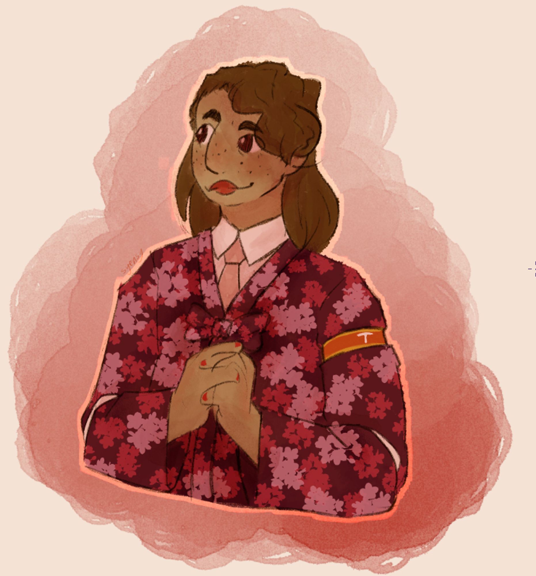 A digital drawing of a character with freckles, red lipstick, red eyes, and parted brown hair happily looking off to their right. He wears a suit with a flowery pattern and a bow, a white button-up with a pink tie underneath, and an armband with a "T" on it for Tiphareth as he is part of the command team.