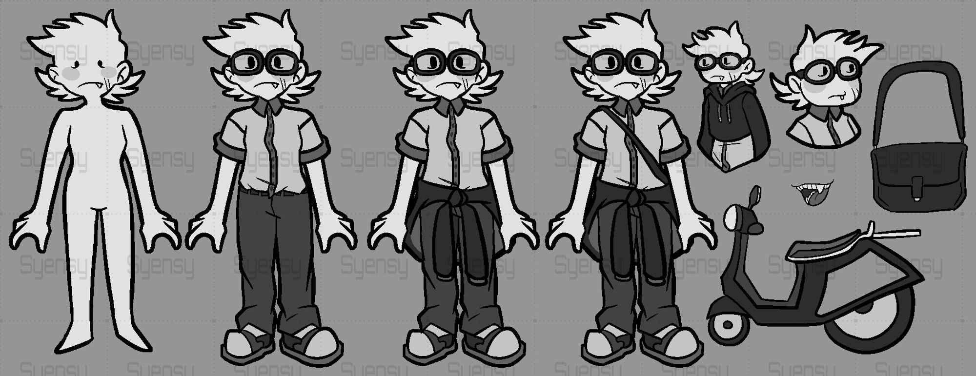 A digital reference sheet of an elsen character with messy hair, a single fang, and two scars on their cheek wearing goggles, a short-sleeved button-up, black pants, clunky shoes, a hoodie around her waist, and a postal bag over her shoulder. To the right are a sketch of the character wearing the hoodie, another shot of the characters face, the postal bag, the character's teeth, and a scooter.