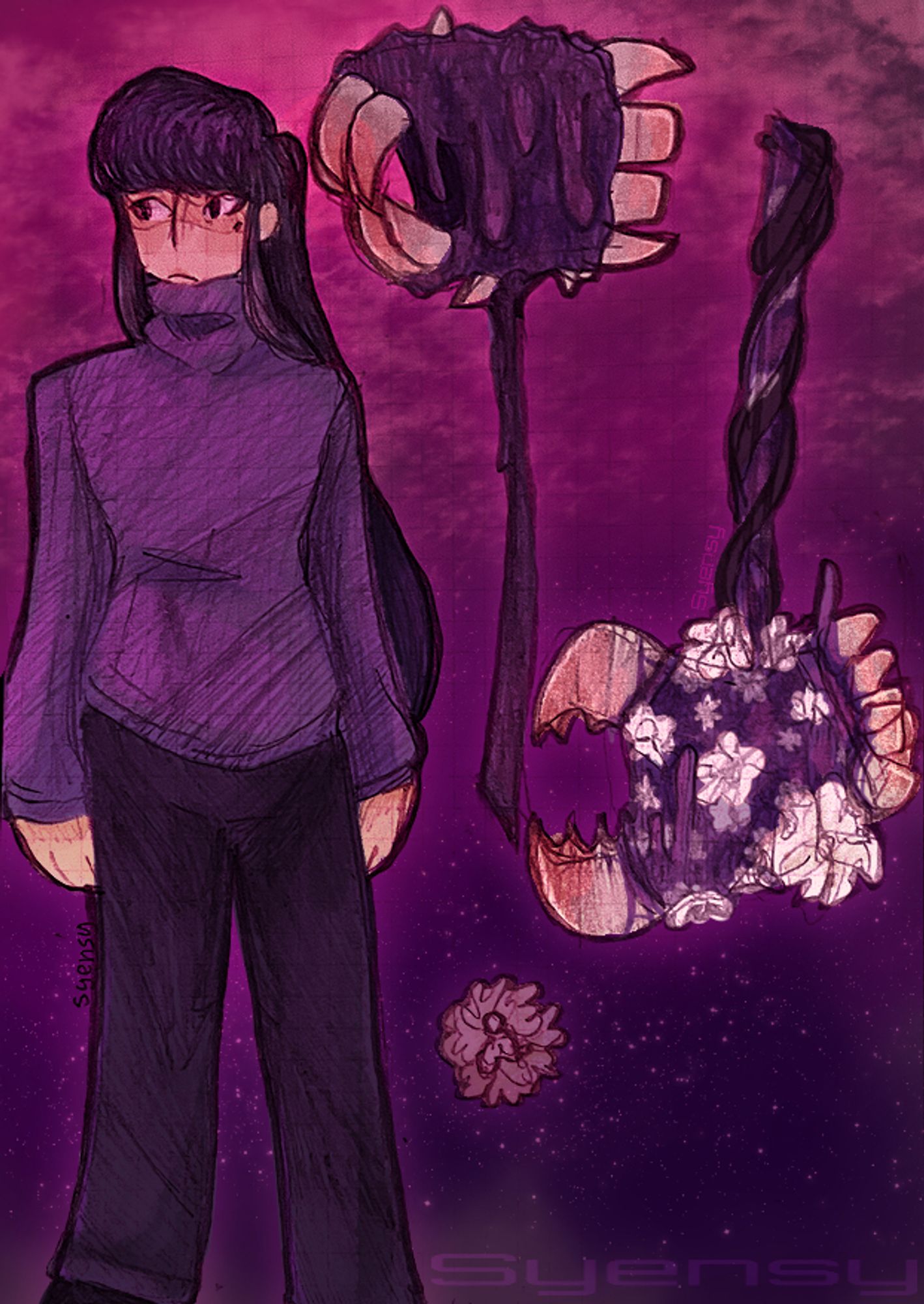 A digital drawing with traditional linework of a character with pale skin, a mole on their left cheek, dark eyes, and dark purple hair. They wear a light purple turtleneck, darker purple pants, and black shoes. They stand infront of a purple and magena sky background with stars and look to their right with a neutral expression. To the right are two hammers and a white flower brooch. The left hammer's head is made of a dripping dark-purple slime, and it has teeth of various sizes and shapes sticking out of it. The face of the hammer resembles a mouth with large teeth, while the claw is made of a row of teeth. The right hammer has dark vines covering its handle, flowers emerging from the goo, and several smaller teeth in place of the prior larger row of teeth. The mouth is now replaced by a set of sharp mandibles.