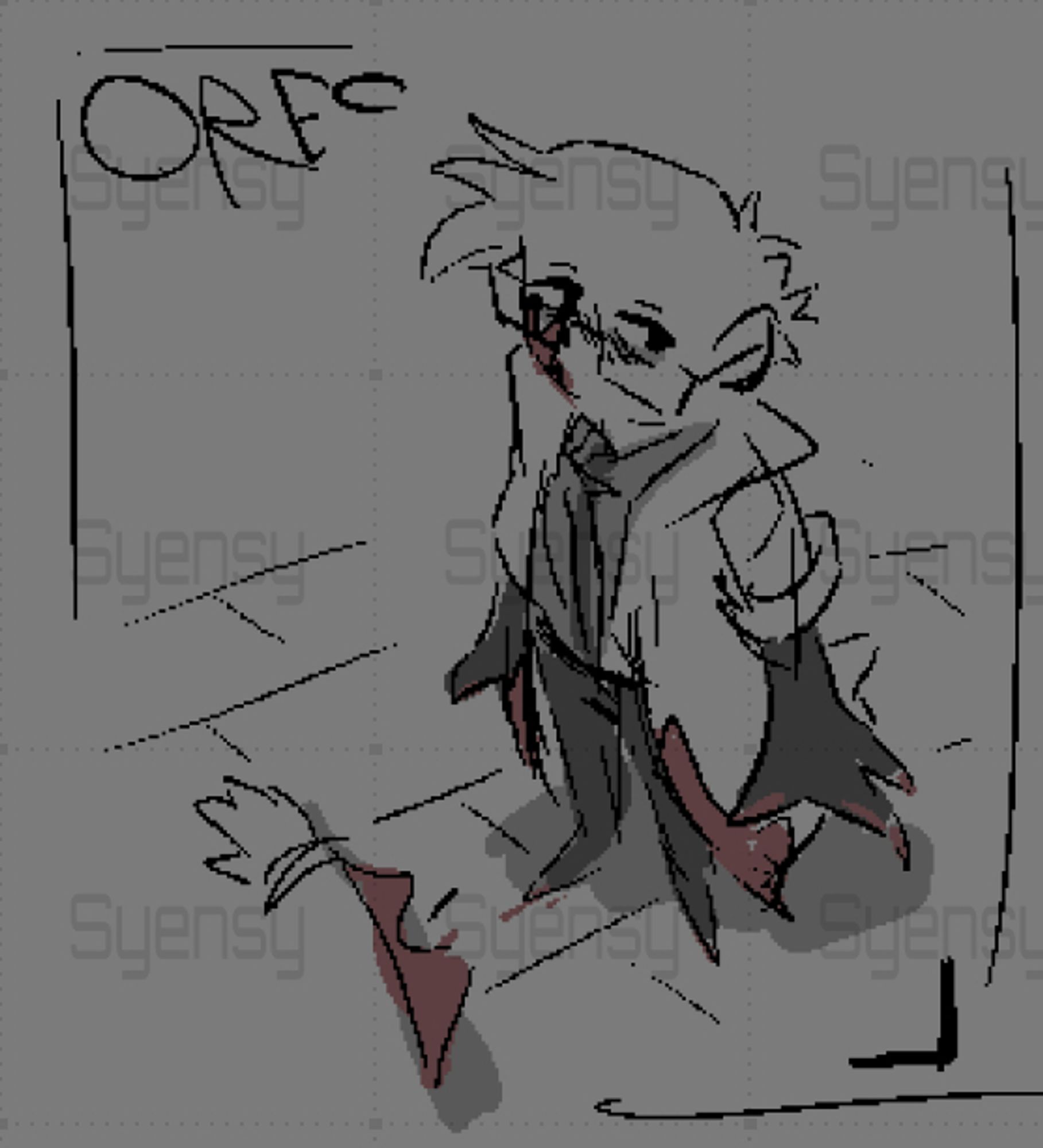 A digital sketch of an Elsen with messy hair covered in blood standing over presumably the dead body of another elsen. They wear a grey shirt, a dark grey tie, black pants and shoes, a lab coat with a wide collar and short sleeves, and rectangle glasses, and they have large clawed black hands. They have a neutral expression on their face, and the top left border of the sketch says "REC" with a circle, as if the scene was from a security camera.