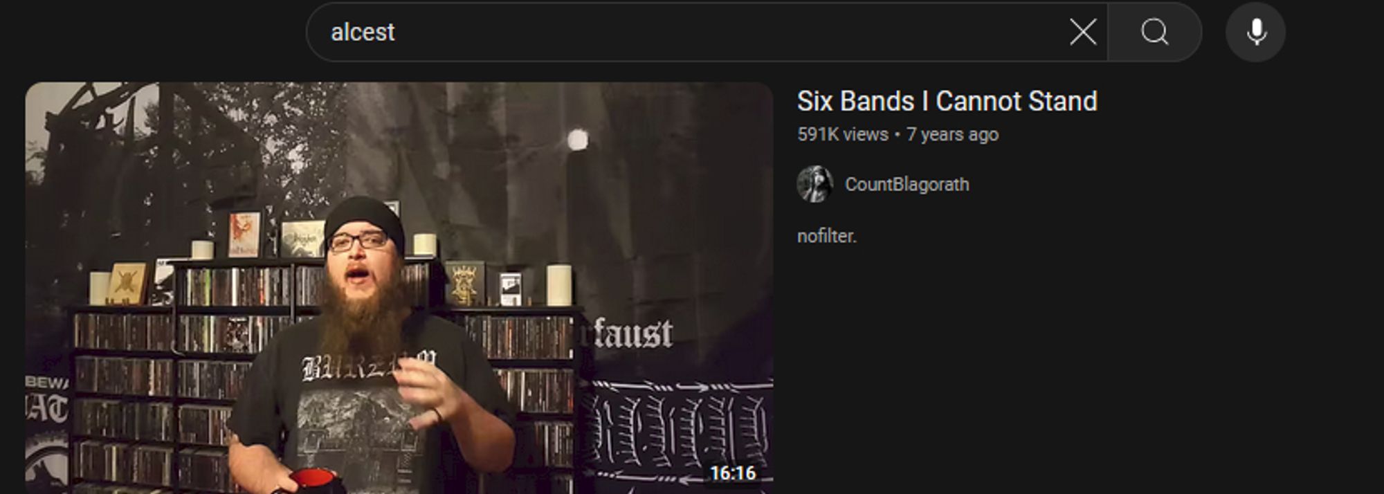 youtube guy "Six Bands I Cannot Stand" video where he's in front of a huge CD collection and wall flags of at least 2 Nazi metal artists and wearing a Burzum shirt - in the search results when I simply looked up "alcest"