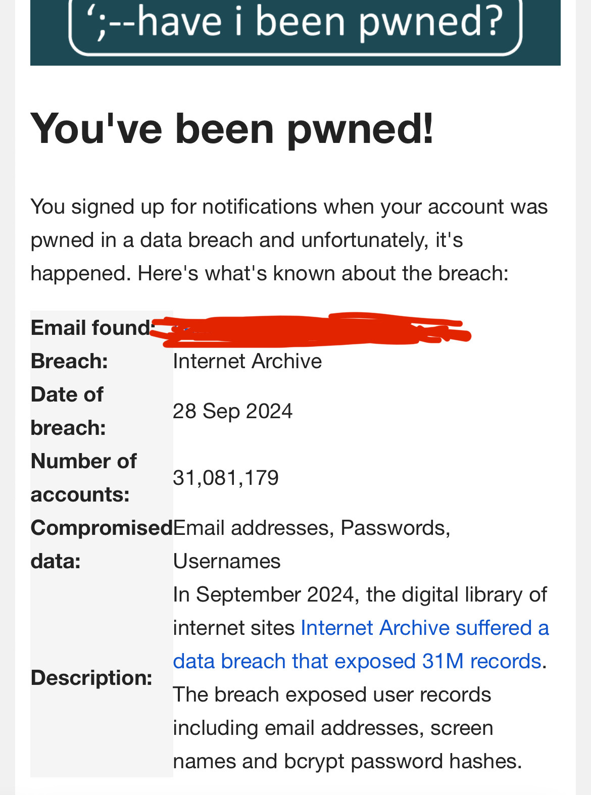 A screenshot of an email from haveibeenpwned.com showing details of a 28 September 2024 data breach of the Internet Archive, with 31M records containing email addresses, usernames, and bcrypt password hashes.