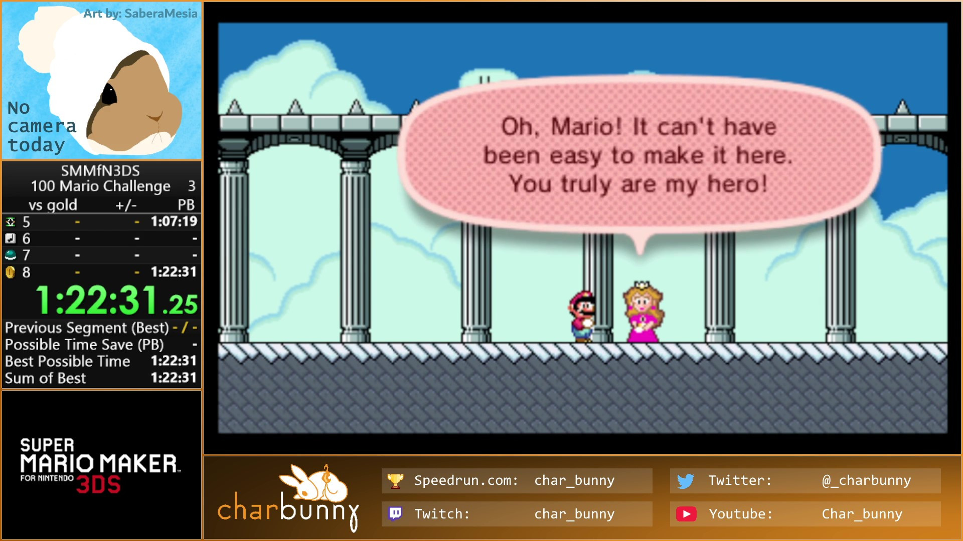 Clear screen for Super Mario Maker for Nintendo 3DS Super Expert 100-man mode. Peach is congratulating Mario and she says "Oh Mario! It can't have been easy to make it here. You truly are my hero!" There's a timer that says 1:22:31.