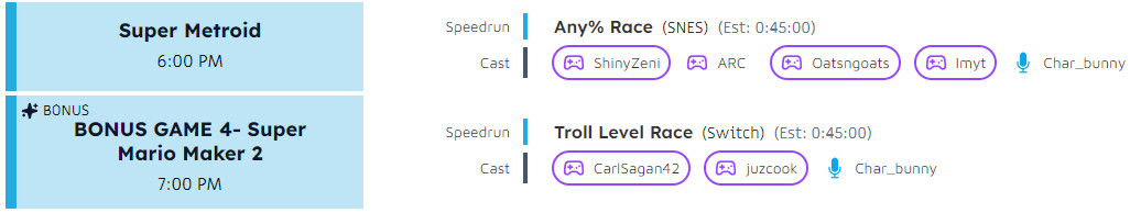 A screenshot of the SGDQ 2024 schedule showing the following for Saturday:
6:00PM - Super Metroid. Any% Race (SNES). Est 0:45:00. Runners ShiniZeni, ARC, Oatsngoats, Imyt. Host Char_bunny.
7:00PM - BONUS GAME 4- Super Mario Maker 2. Troll Level Race (Switch). Est 0:45:00. Runners CarlSagan42, juzcook. Host Char_bunny.