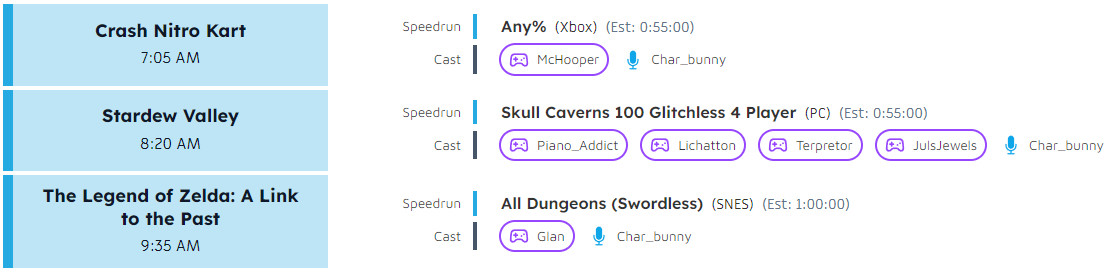 A screenshot of the SGDQ 2024 schedule showing the following for Friday:
7:05 AM - Crash Nitro Kart. Any% (Xbox). Est 0:55:00. Runner McHooper. Host Char_bunny.
8:20 AM - Stardew Valley. Skull Caverns 100 Glitchless 4 Player (PC). Est 0:55:00. Runners Piano_addict, Lichatton, Terpretor, JulsJewels. Host Char_bunny.
9:35 AM - The Legend of Zelda: A Link to the Past. All Dungeons (Swordless) (SNES). Est 1:00:00. Runner Glan. Host Char_bunny.