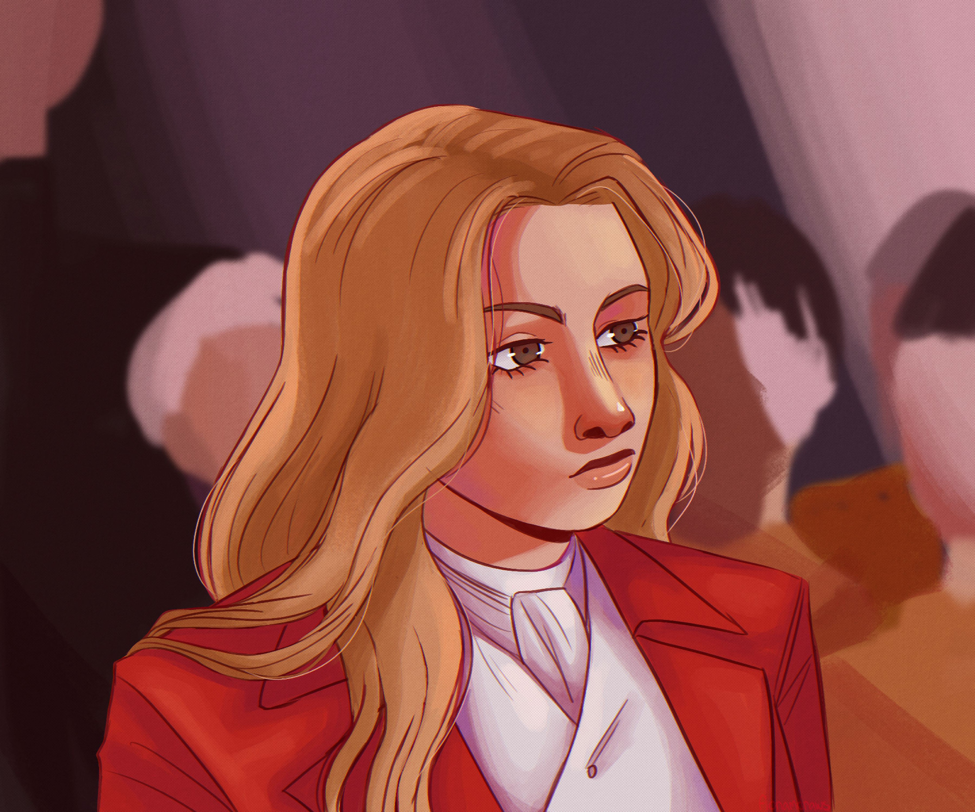 A digital redraw of a screenshot of Romana II from Doctor Who. She is a woman with dirty blonde hair and brown eyes. She wears a white shirt and vest under a red coat. She is frowning and looking slightly down. The background has several blurred people. 