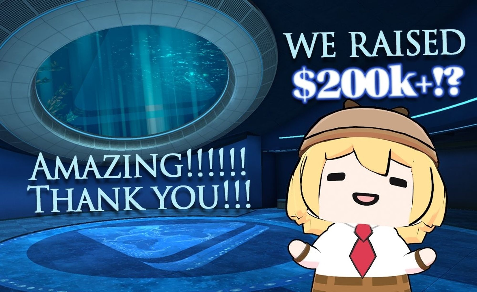 Smol Amelia Watson with the Hololive Aquarium VR Chat environment in the background. The overlaid text reads "Amazing!!!!!! Thank you!!! We raised $200k+ !?"

Original caption on twitter: wow so much support!!!! thank you everyone again. the VRChat Hololive Aquarium will be available for release in the next few days! Please visit if you can