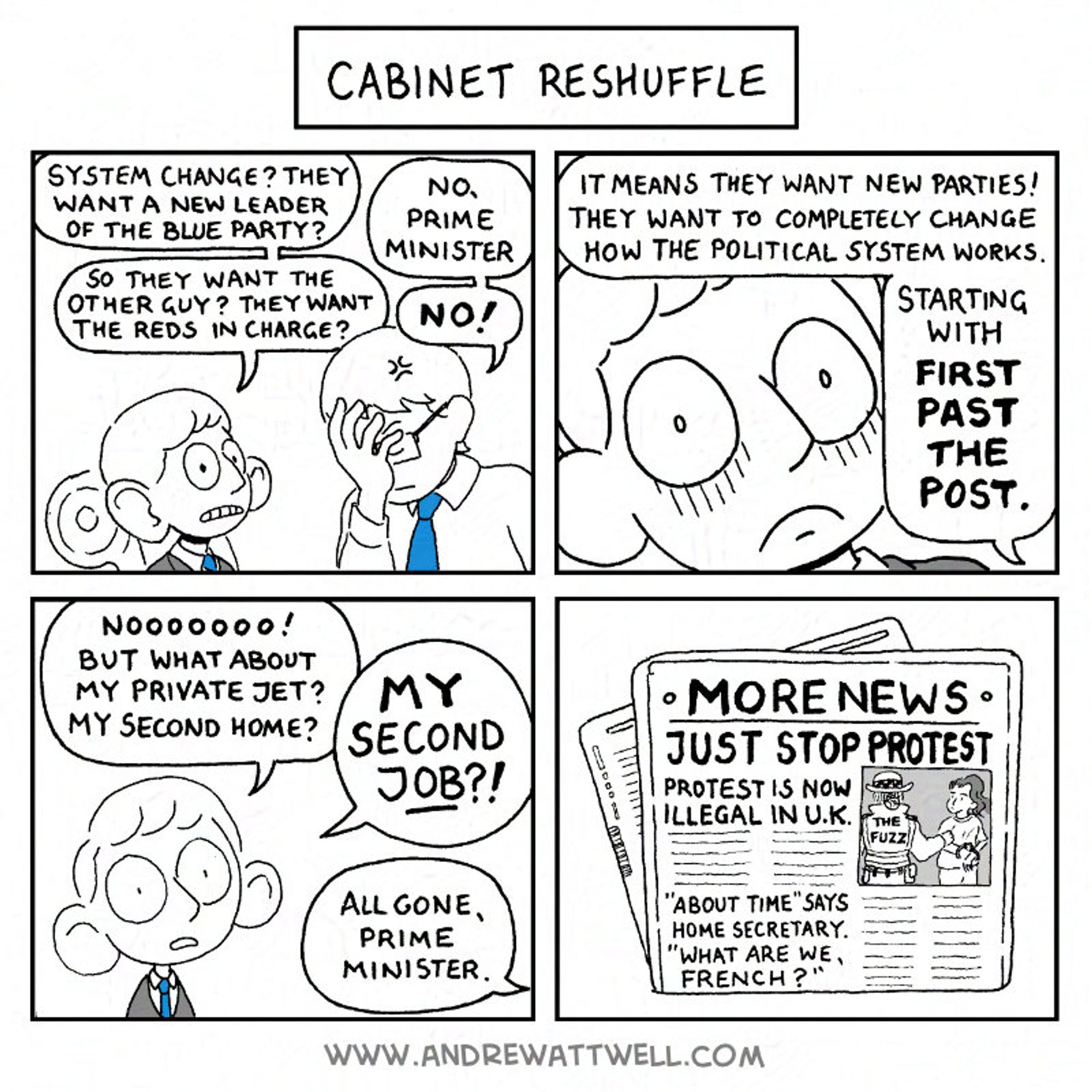 Cabinet Reshuffle - a political cartoon by Andrew Attwell. The Prime Minister is confused by the idea of people voting for somebody other than Team Blue or Team Red. He is in for a nasty surprise, and immediately bans protest in the UK.