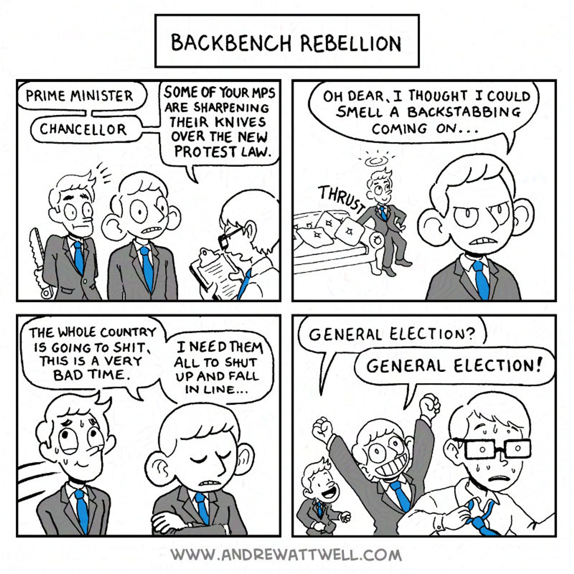 Backbench Rebellion - a political cartoon by Andrew Attwell. The Prime Minister's party is getting antsy. He needs a way to get them to shut up and fall in line.