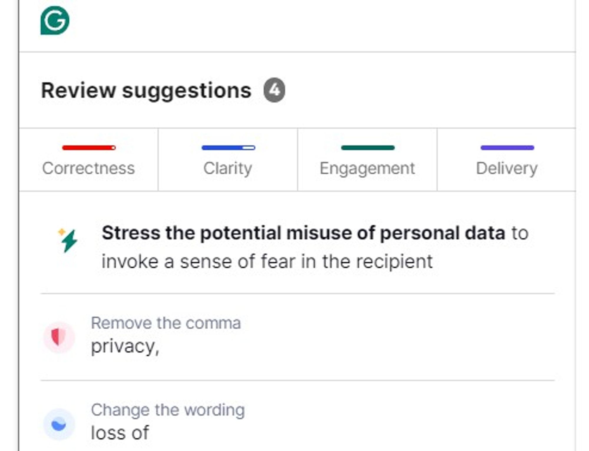 A screenshot of the Grammarly app's "Review suggestions"
