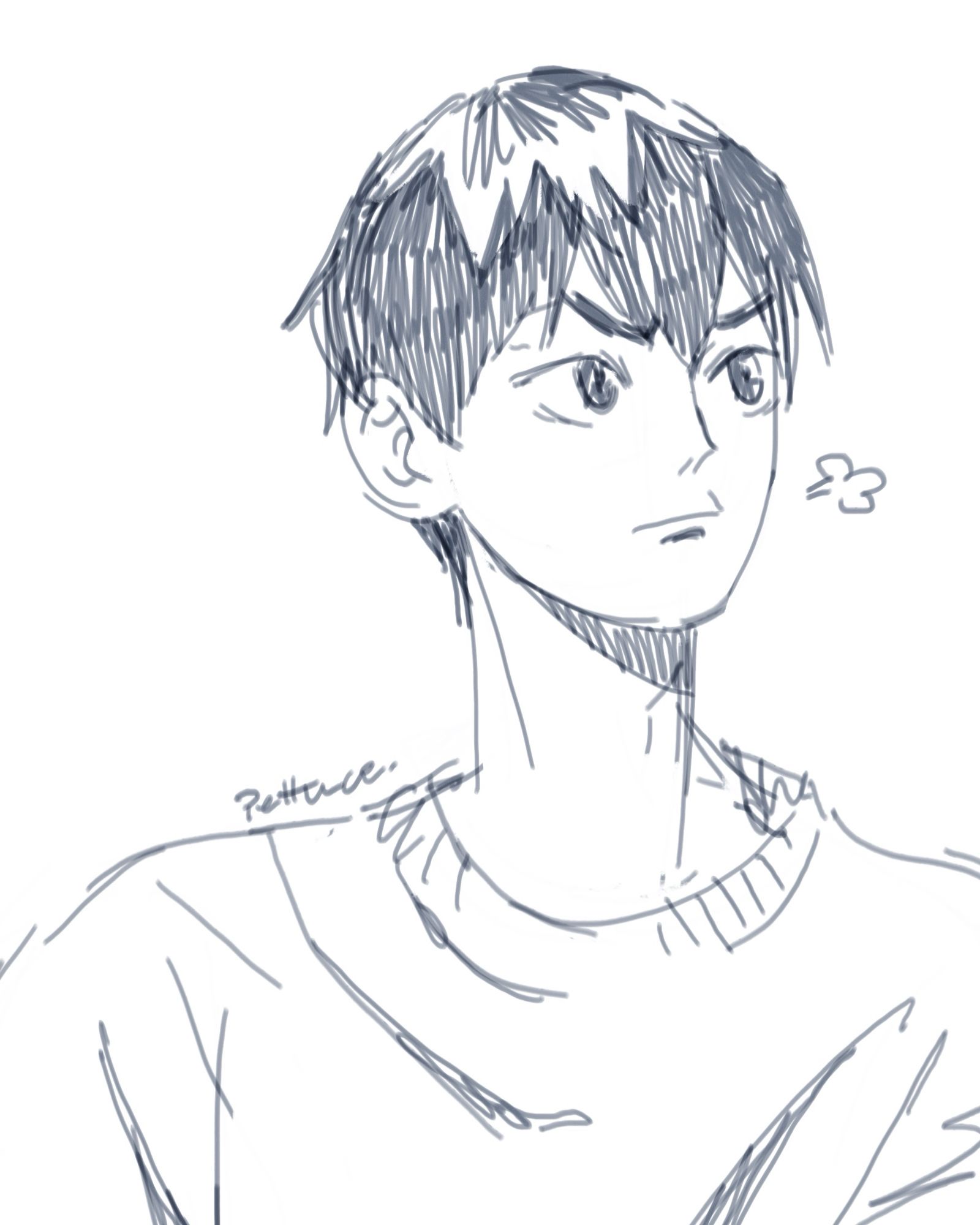 Kegeyama turn his face on left side and pouting his mouth and look up. Wearing sweater.