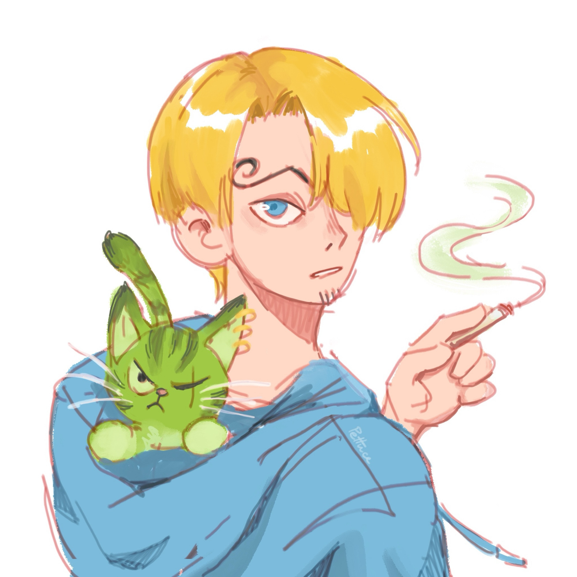 Sanji in blue hoodie with zoro as green cat clinging in the hood on his back