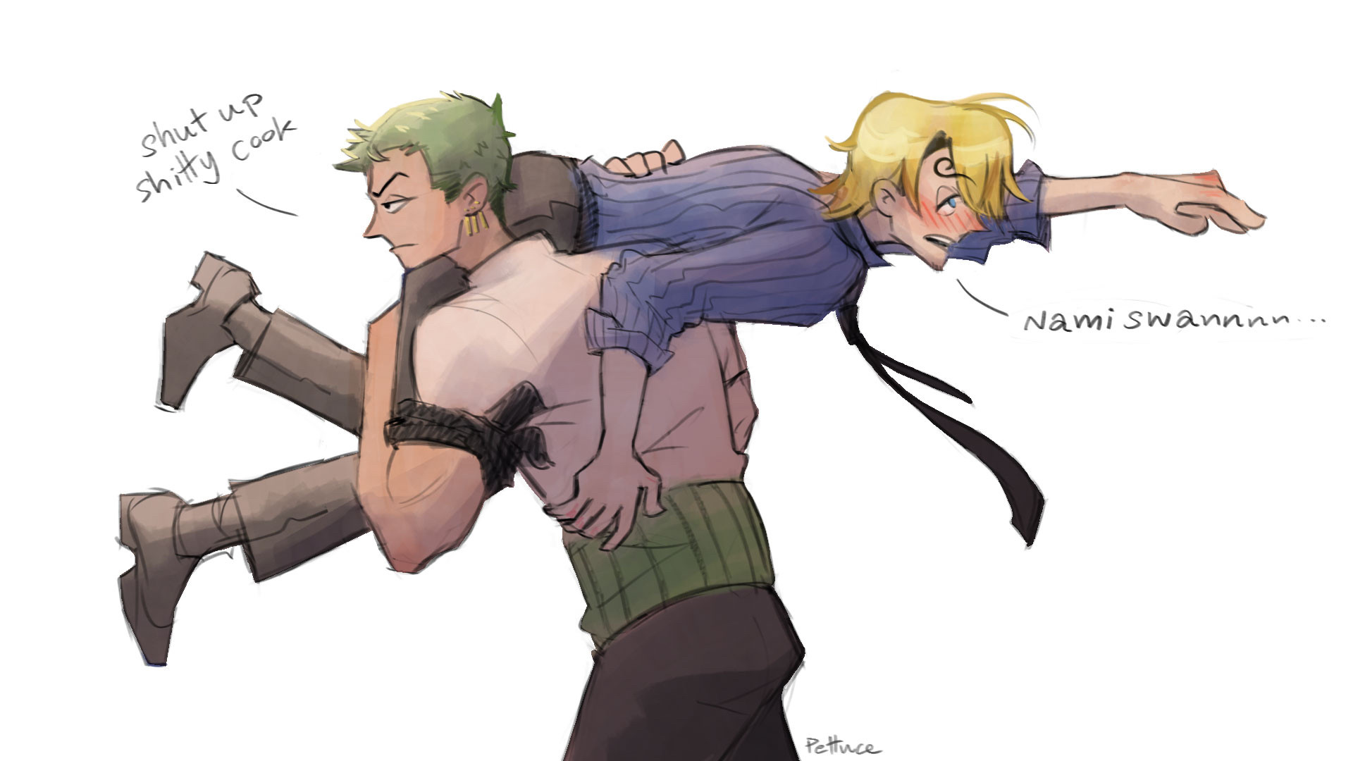 Zoro carring drunken Sanji on his shoulder