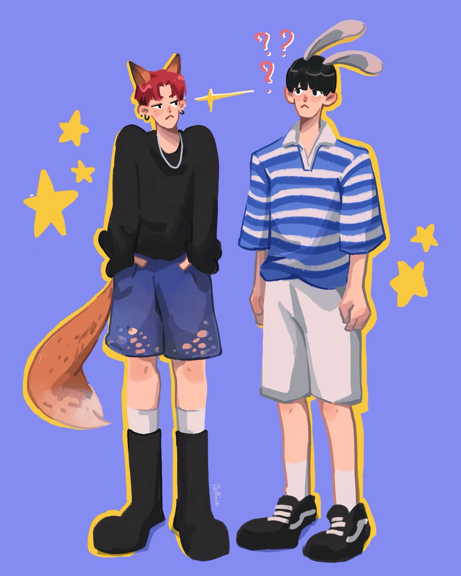 Yeonjun and Soobin. Yeonjun standing on the left, he wearing cool black sweater and fashionista shorts jeans with scratches on the pant hem. With long white socks and long black boots. He also has fox ear and tail. Soobin wearing nerdy polo t-shirt with blue and white stripes, and short white pants and black vans sneakers. He also has bunny ears. Yeonjun staring at Soobin with curious and sus face, but Soobin looking at him with clueless face.