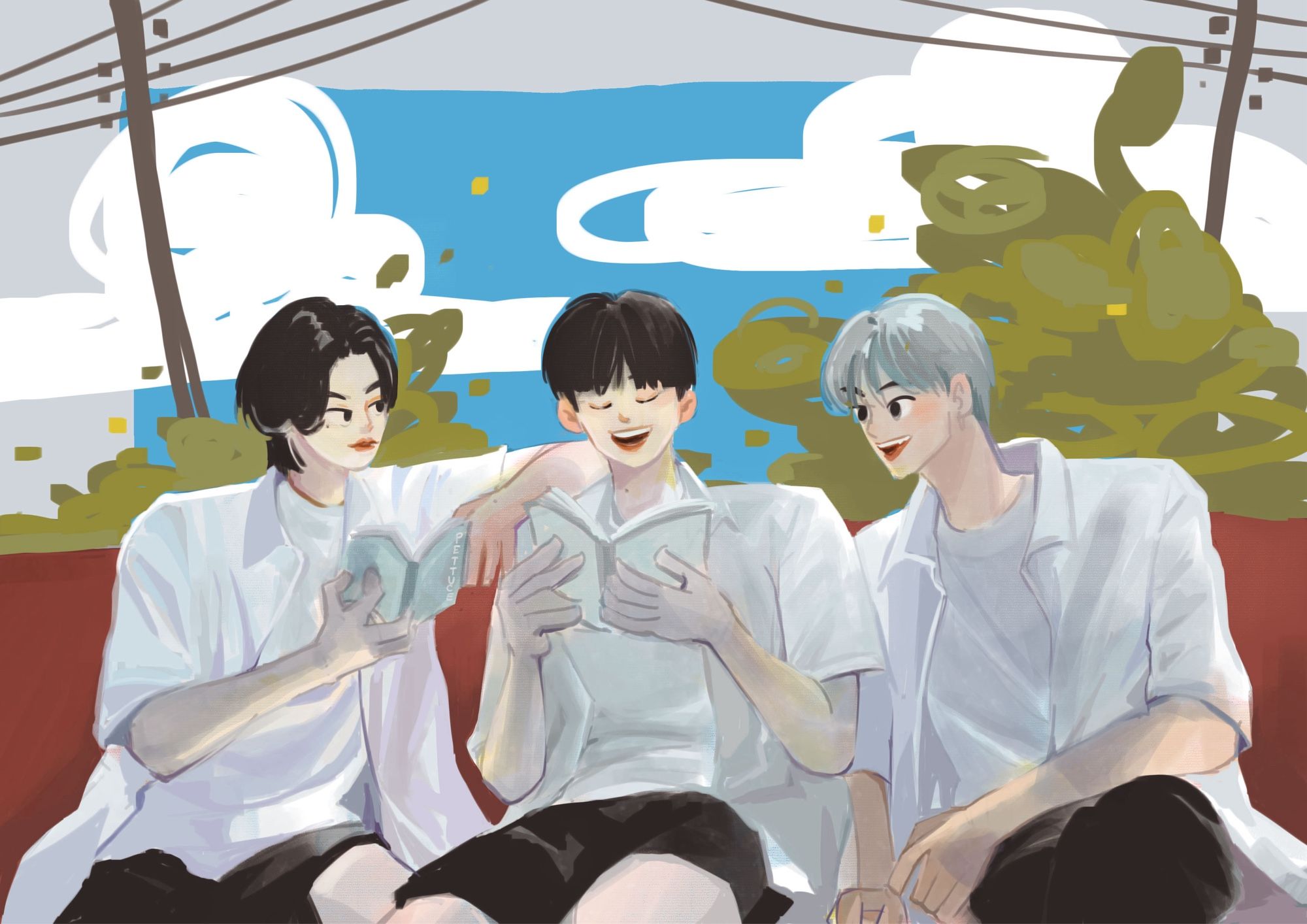 Yeonjun, HueningKai, Taehyun are sitting together on red sofa. Yeon is holding a book woth his right hand, his left are placed on Kai’s right shoulder while he looking at Tae. Kai smiles happily with eyes closed, he is holding a book by both hands. Tae sitting next to Kai and looking at Kai’s book.