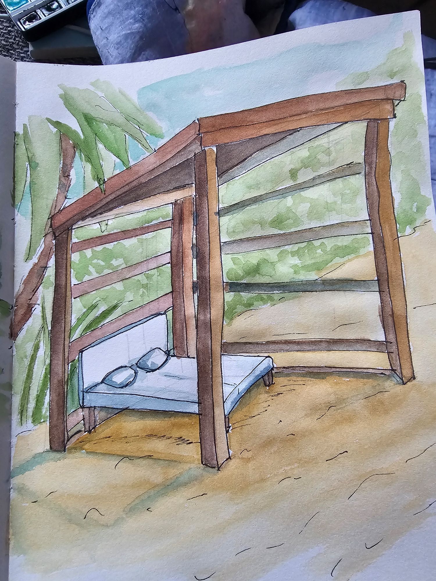 Watercolor with fineliner: wooden houses on the sandy beach under palm trees with lying area (Cabana)

Aquarell mit Fineliner: Holzhäuschen am Sandstrand unter Palmen  mit Liegefläche (Cabana)