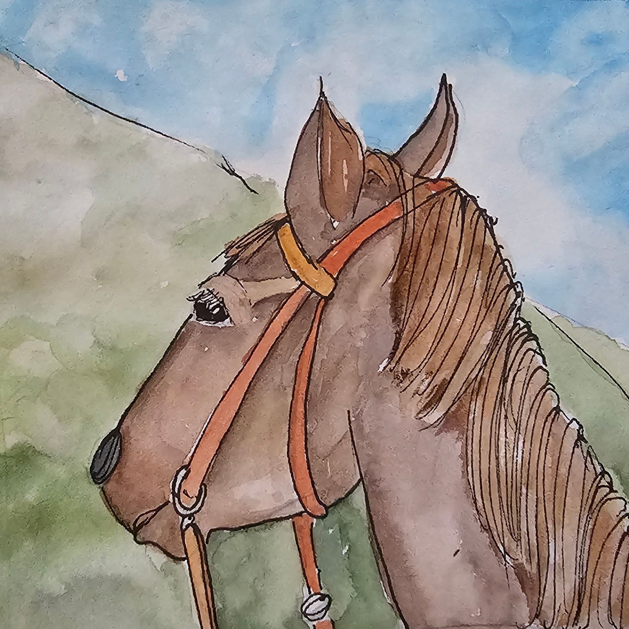 Watercolor and Fineliner: Lateral view of a mule head with halter

Aquarell und Fineliner: Seitliche Ansicht eines Maultierkopfes mit Halfter