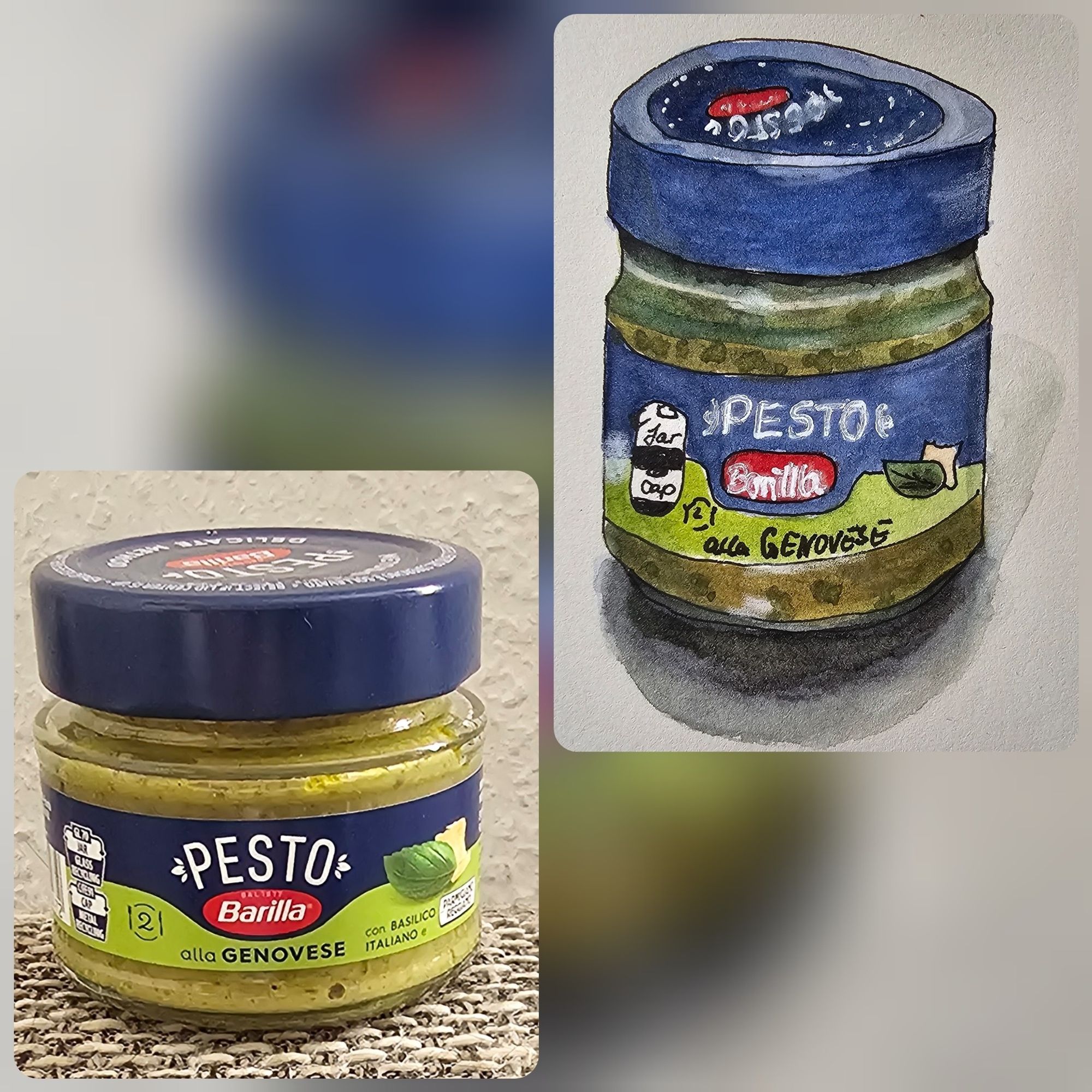 Original und Aquarell: Kleines Glas Pesto alla Genovese mit Blauem Deckel, grün-blauer Banderole und rotem Logo des Herstellers. Die wichtigste Schrift ist hauptsächlich weiß.