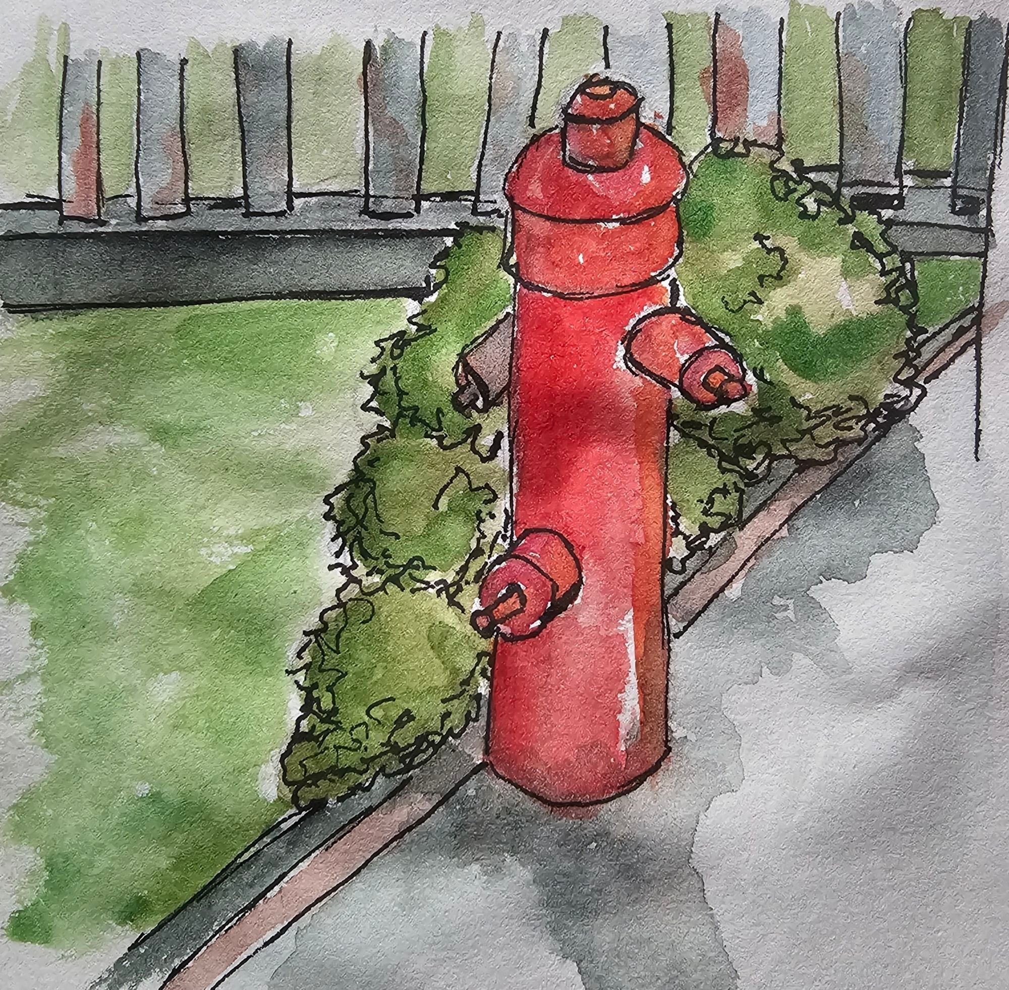 Watercolor with fineliner: Red hydrant in front of a bush and a fence on a curb

Aquarell mit Fineliner: Roter Hydrant vor einem Busch und einem Zaun an einer Bordsteinkante