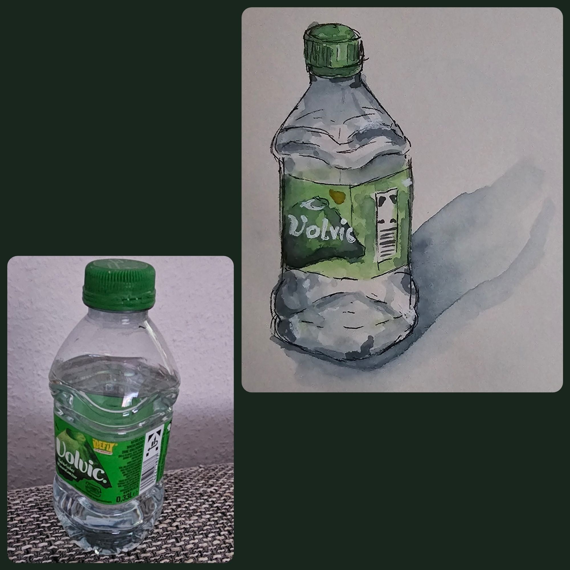 Original und Aquarell mit Fineliner: Kleine, eckige Wasserflasche mit grünem Etikett