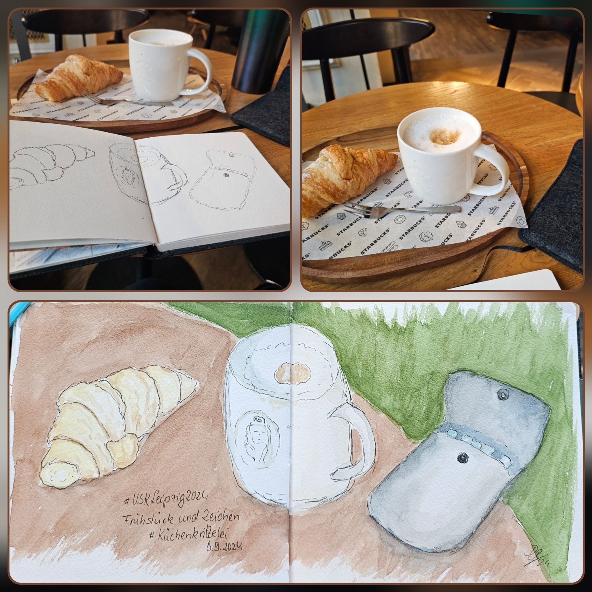 Collage mit Bild vom Original, Bild mit Vorzeichnung und fertiges Aquarell. Auf dem Tisch und im Skizzenbuch: links ein Croissant, daneben eine weiße Tasse und rechts ein graues Stifteetui