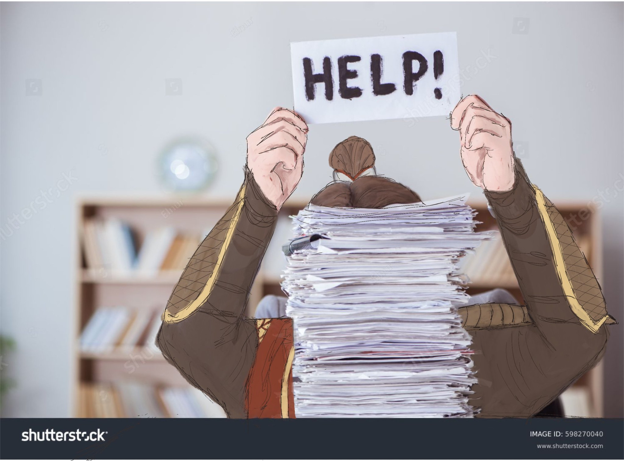 a stock photo of a man behind a huge stack of paperwork holding up a sign that says "HELP!" which has been poorly painted over to resemble Feng Xin