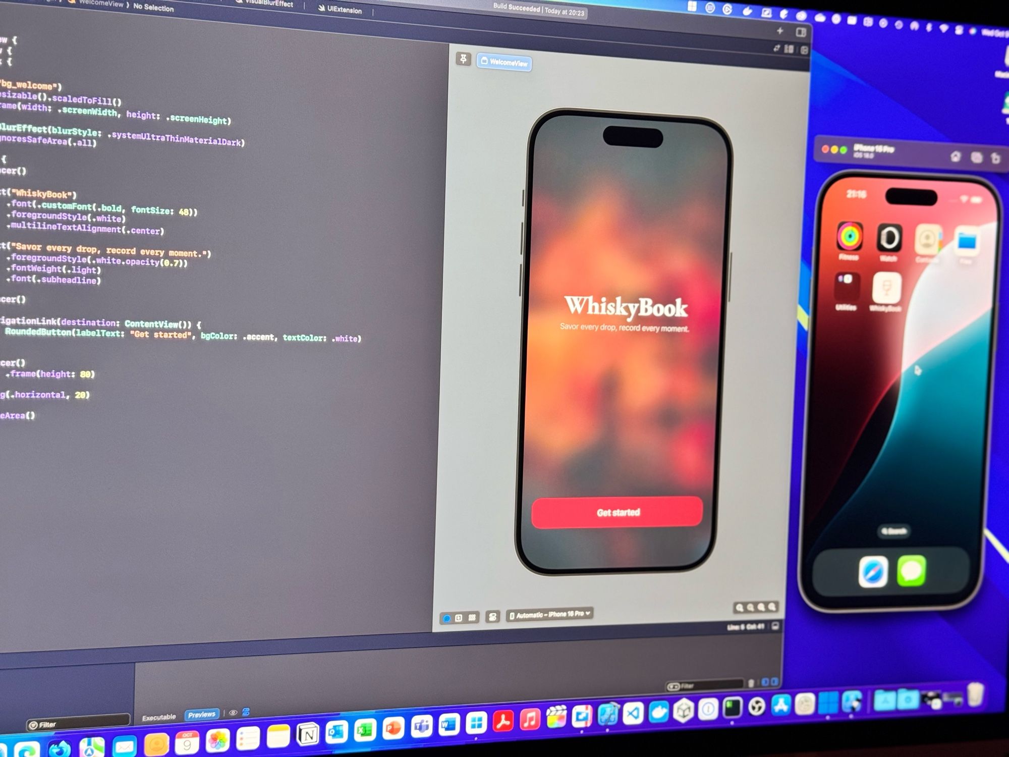 Screen of a Mac with Xcode and an iPhone 16 Pro simulator.